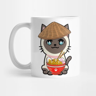 Funny siamese cat is eating noodles Mug